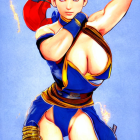 Stylized illustration of a confident woman in blue and gold outfit with lightning