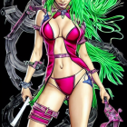 Vibrant green hair, purple attire, and fierce expression on female character