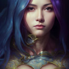 Vivid blue hair woman with golden collar on dark background