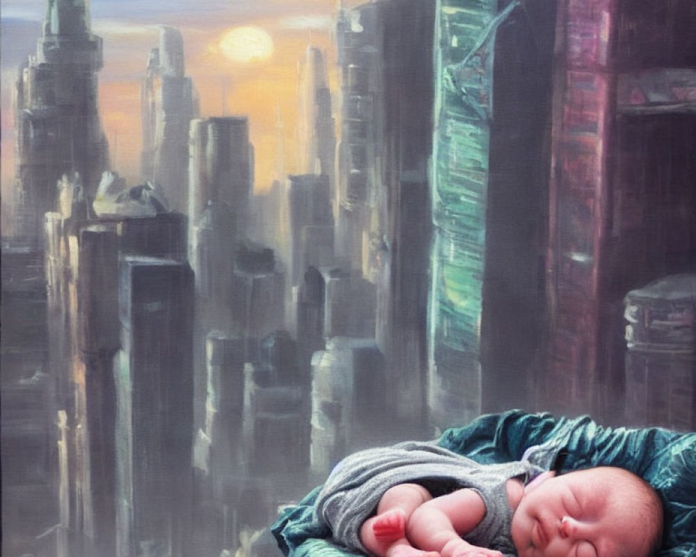 Infant sleeping on teal bedding with surreal cityscape backdrop.