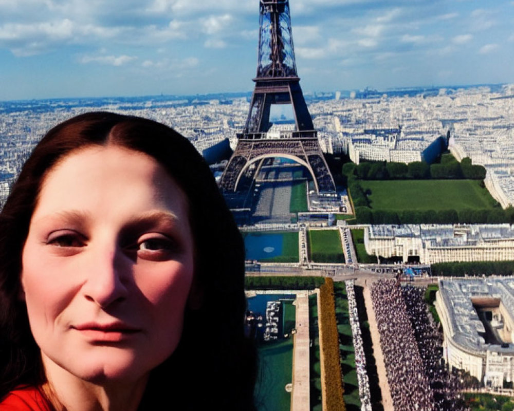 Woman's selfie with Eiffel Tower and Champ de Mars gardens on sunny day