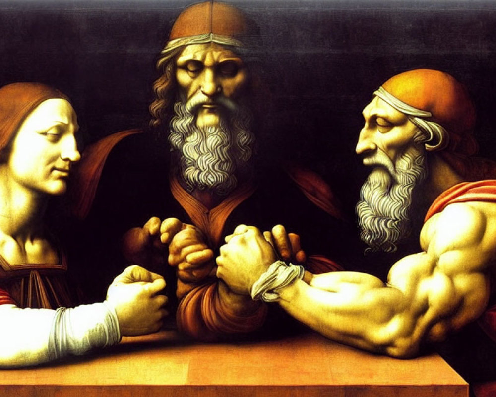 Historical and biblical figures in intense arm-wrestling match