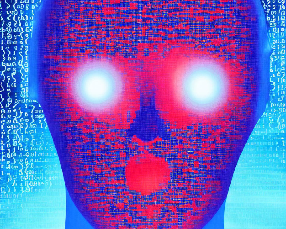 Abstract digital face with glowing eyes in binary code backdrop