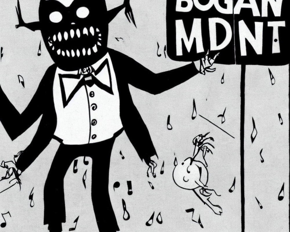 Monstrous figure in bow tie and suspenders laughs under "BOGAN MDNT" sign