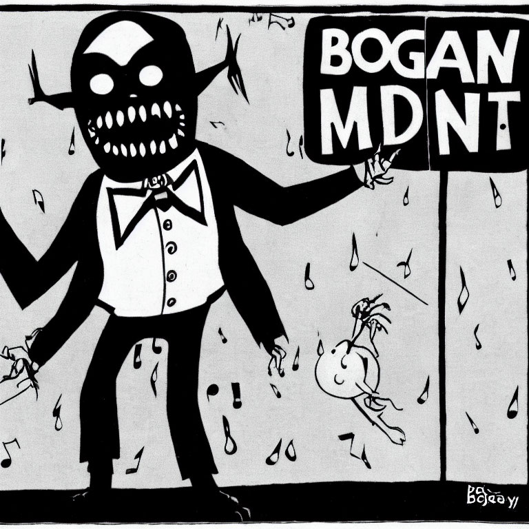 Monstrous figure in bow tie and suspenders laughs under "BOGAN MDNT" sign