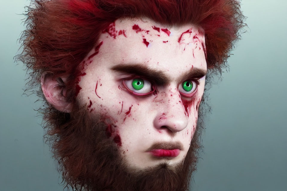 Intense male figure with green eyes, blood-stained face, and red hair on blue background