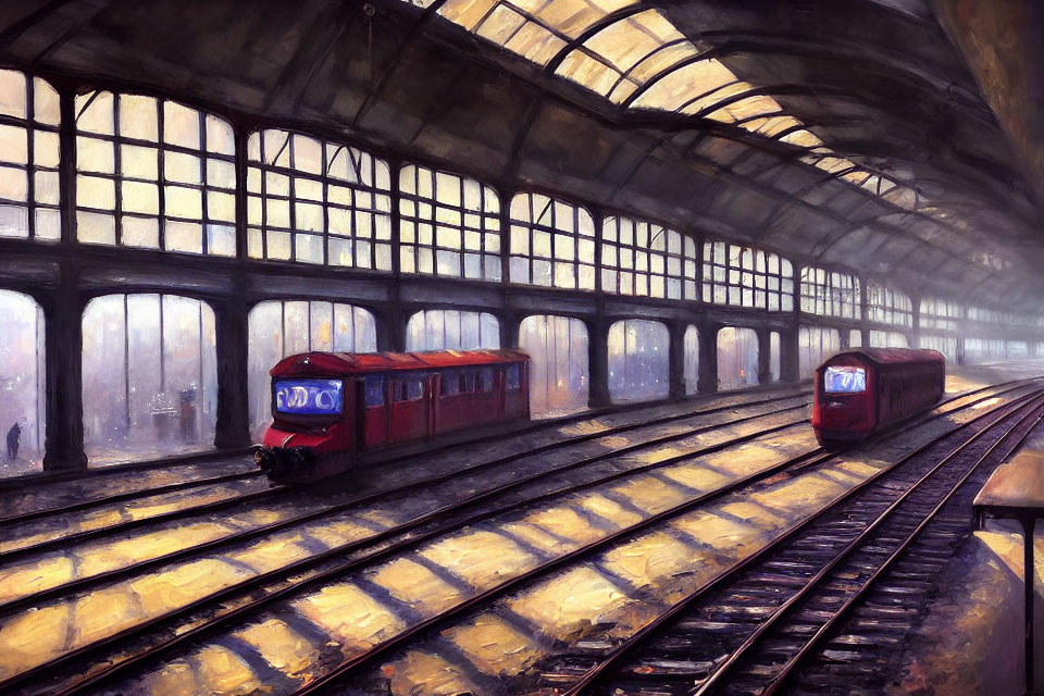 Vintage railway station with two parallel trains and arched windows