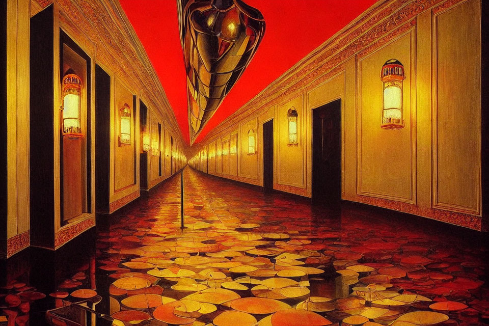 Elongated surreal hallway with red walls, ornate lamps, and snake-like sculpture