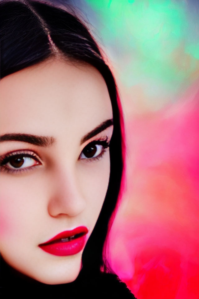 Detailed close-up of woman's striking makeup against vibrant backdrop