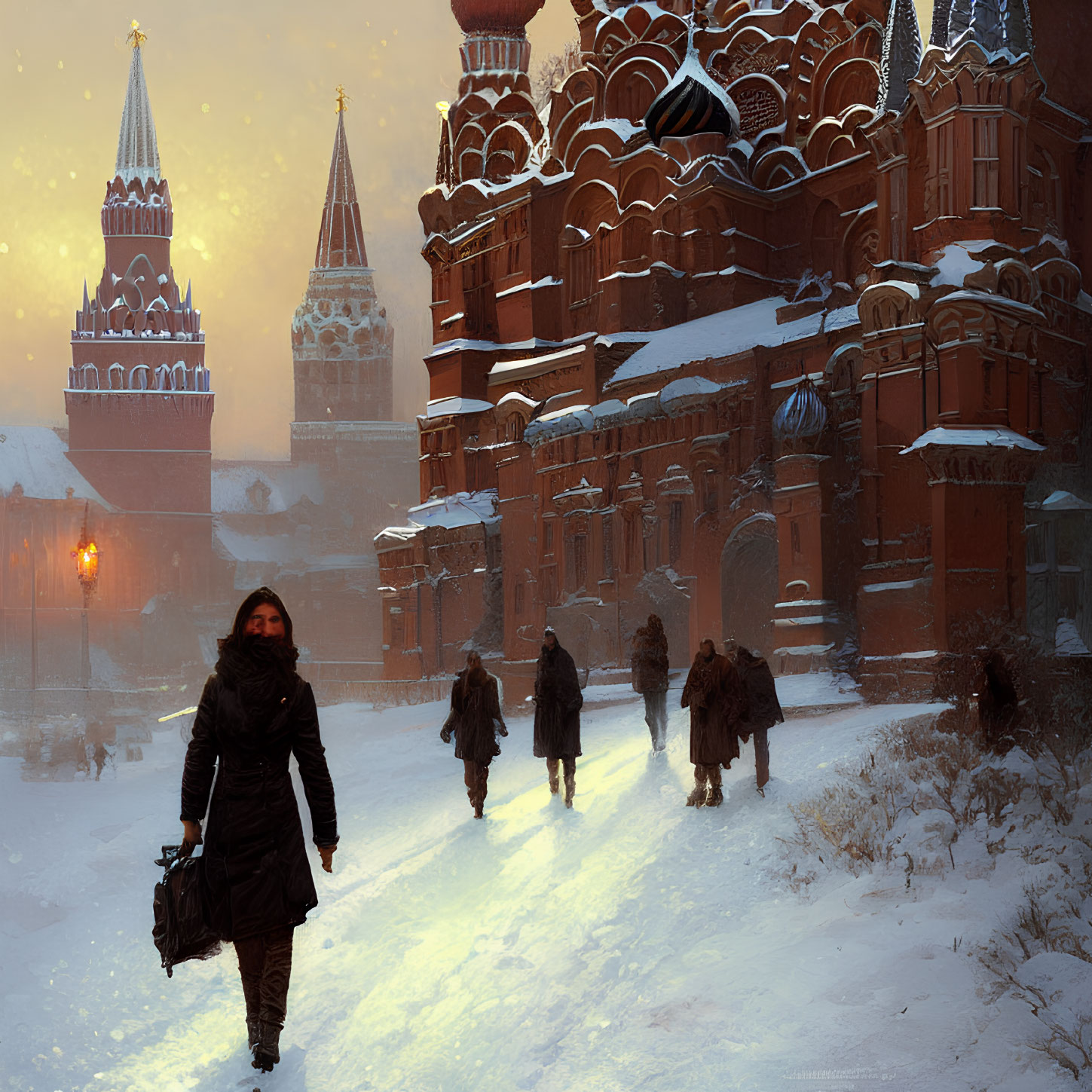 Snow-covered Red Square with Saint Basil's Cathedral and Kremlin tower at dusk