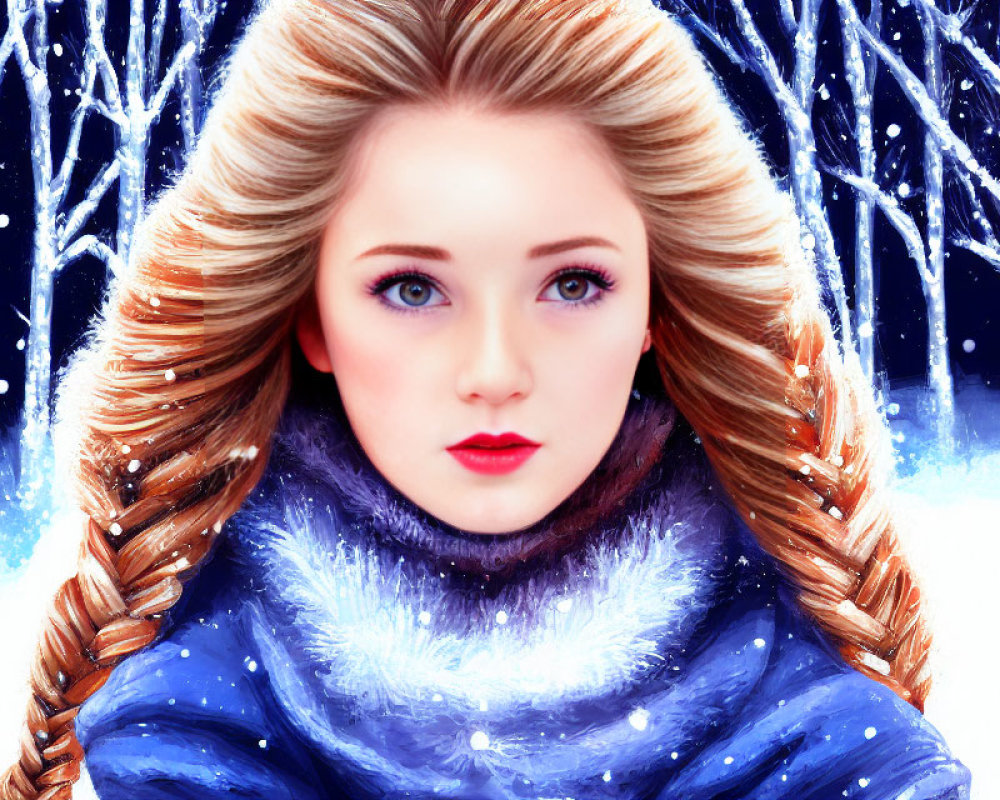 Digital Artwork: Woman with Braided Hair in Blue Winter Coat in Snowy Forest