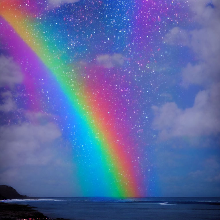 Colorful rainbow over coastal landscape with sparkling effects