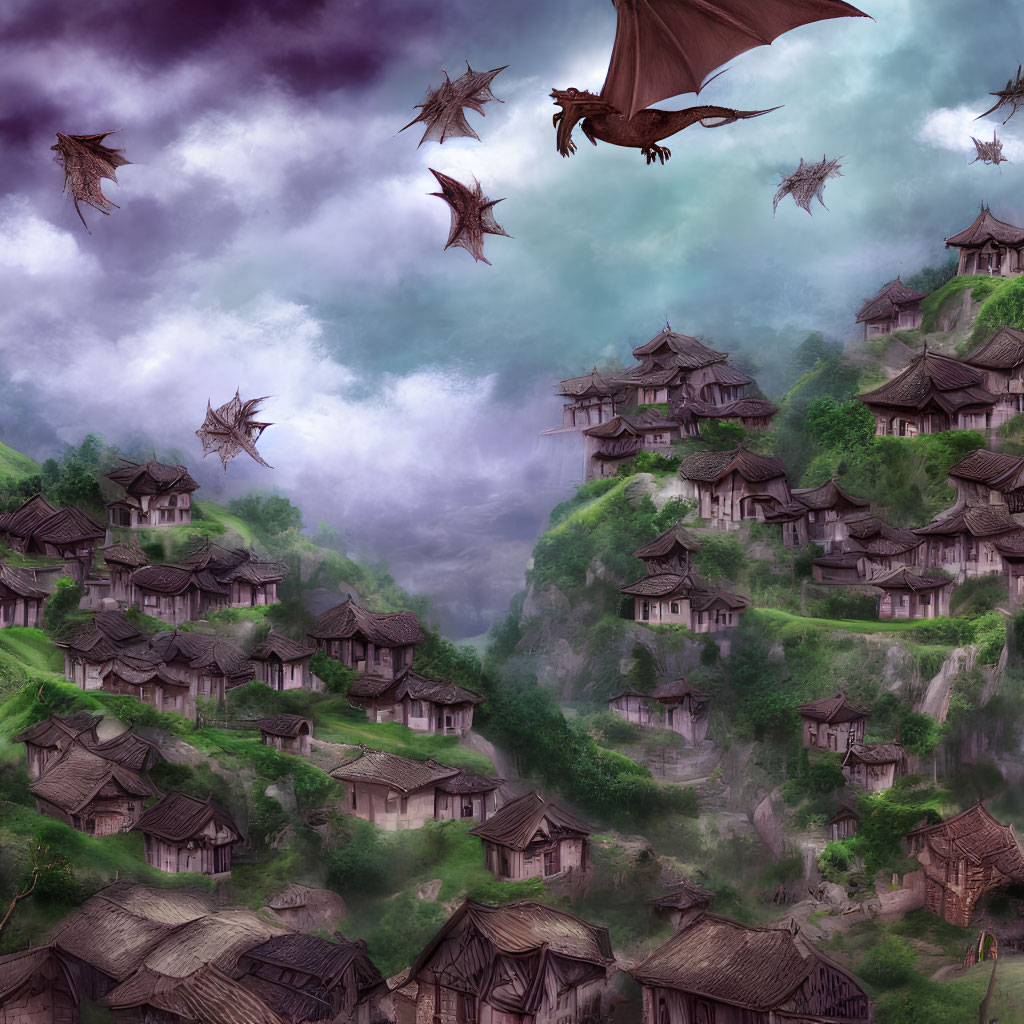 Ethereal fantasy village with hilltop houses and soaring dragons