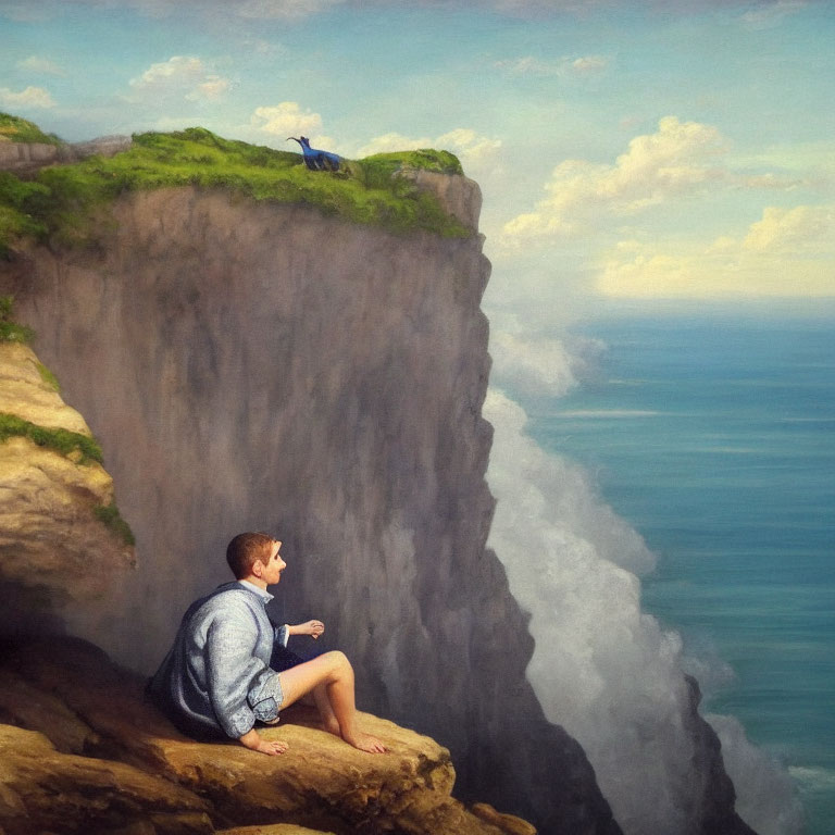 Person sitting on cliff edge overlooking ocean with goat nearby