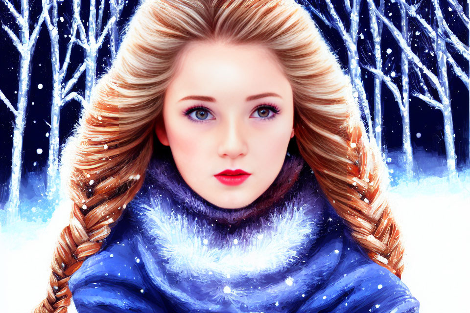 Digital Artwork: Woman with Braided Hair in Blue Winter Coat in Snowy Forest