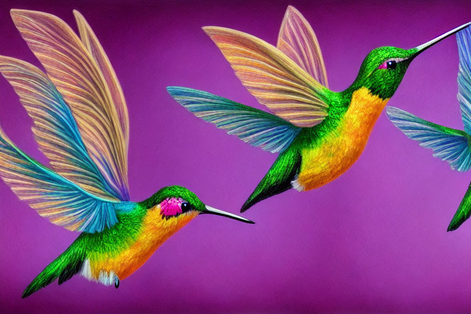 Vibrant hummingbirds in flight on purple background