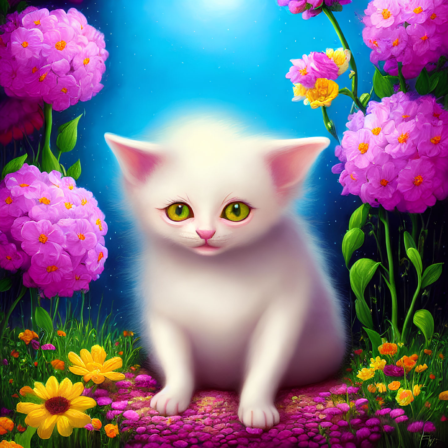 Fluffy white kitten with green eyes in colorful flower garden