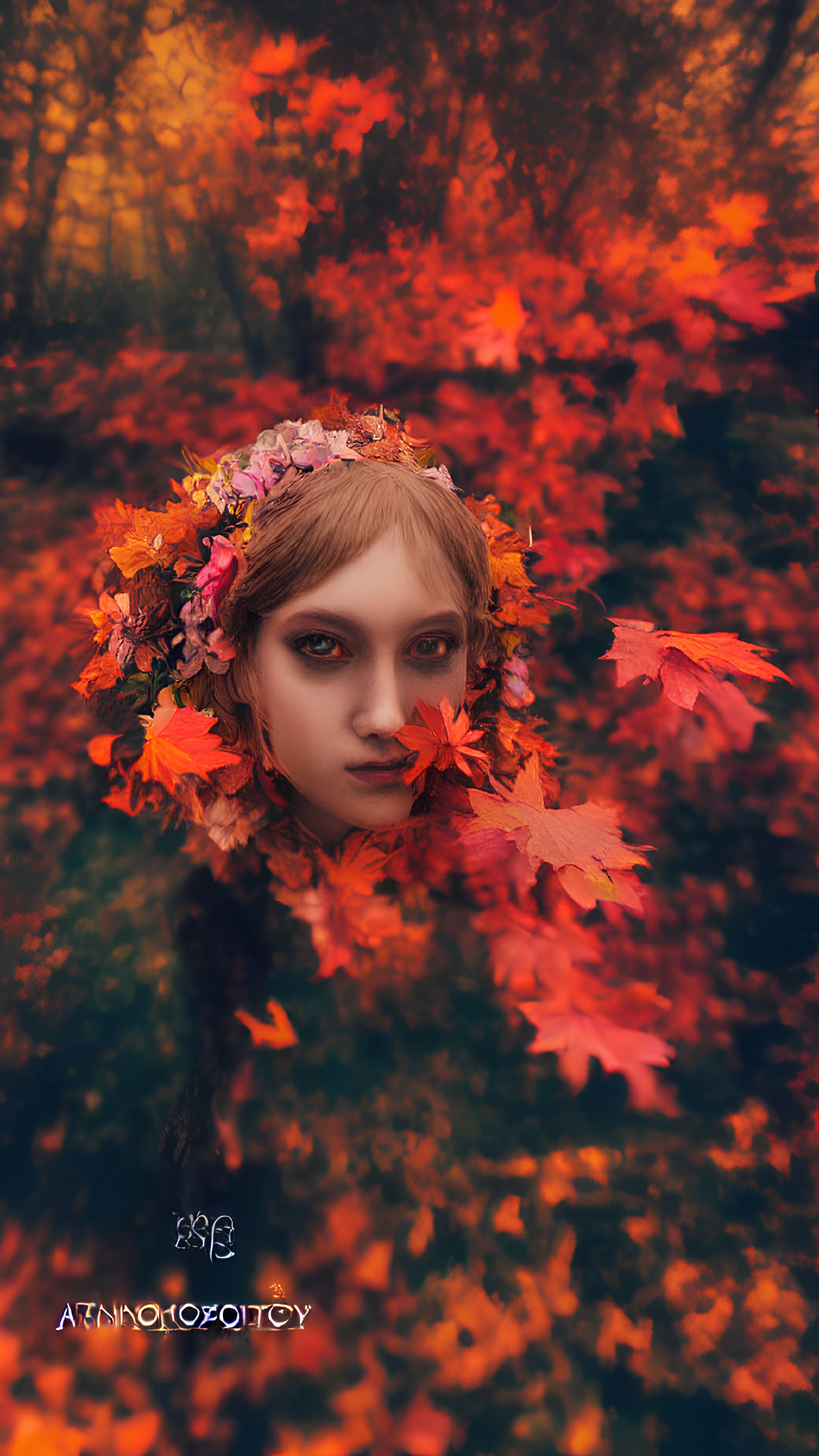 Portrait of Person with Autumn Wreath in Vibrant Background