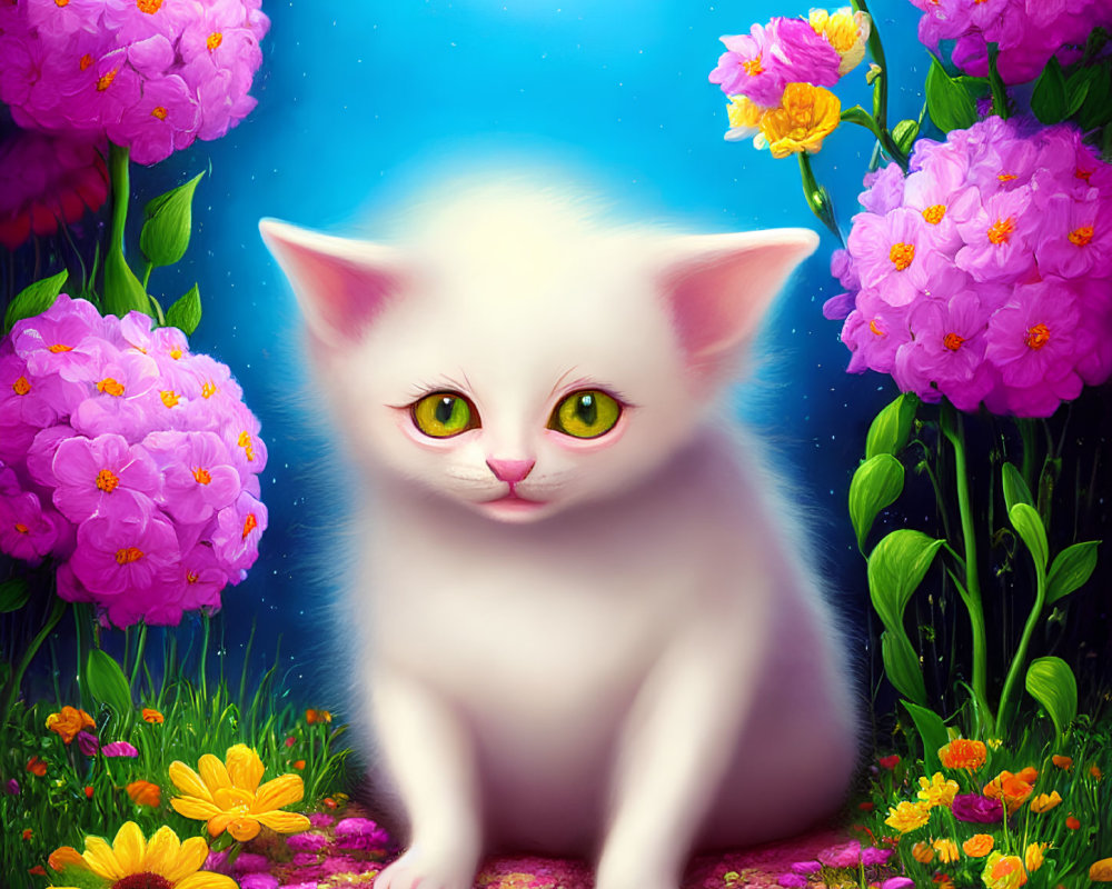 Fluffy white kitten with green eyes in colorful flower garden