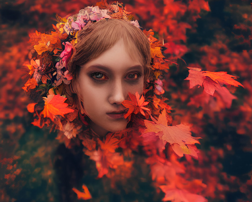 Portrait of Person with Autumn Wreath in Vibrant Background