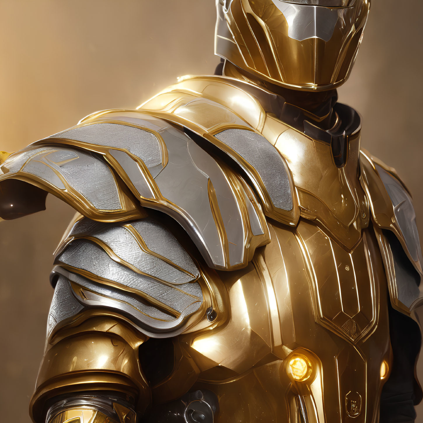 Detailed Close-Up of Person in Metallic Golden Armor with Intricate Designs and Warm Lighting