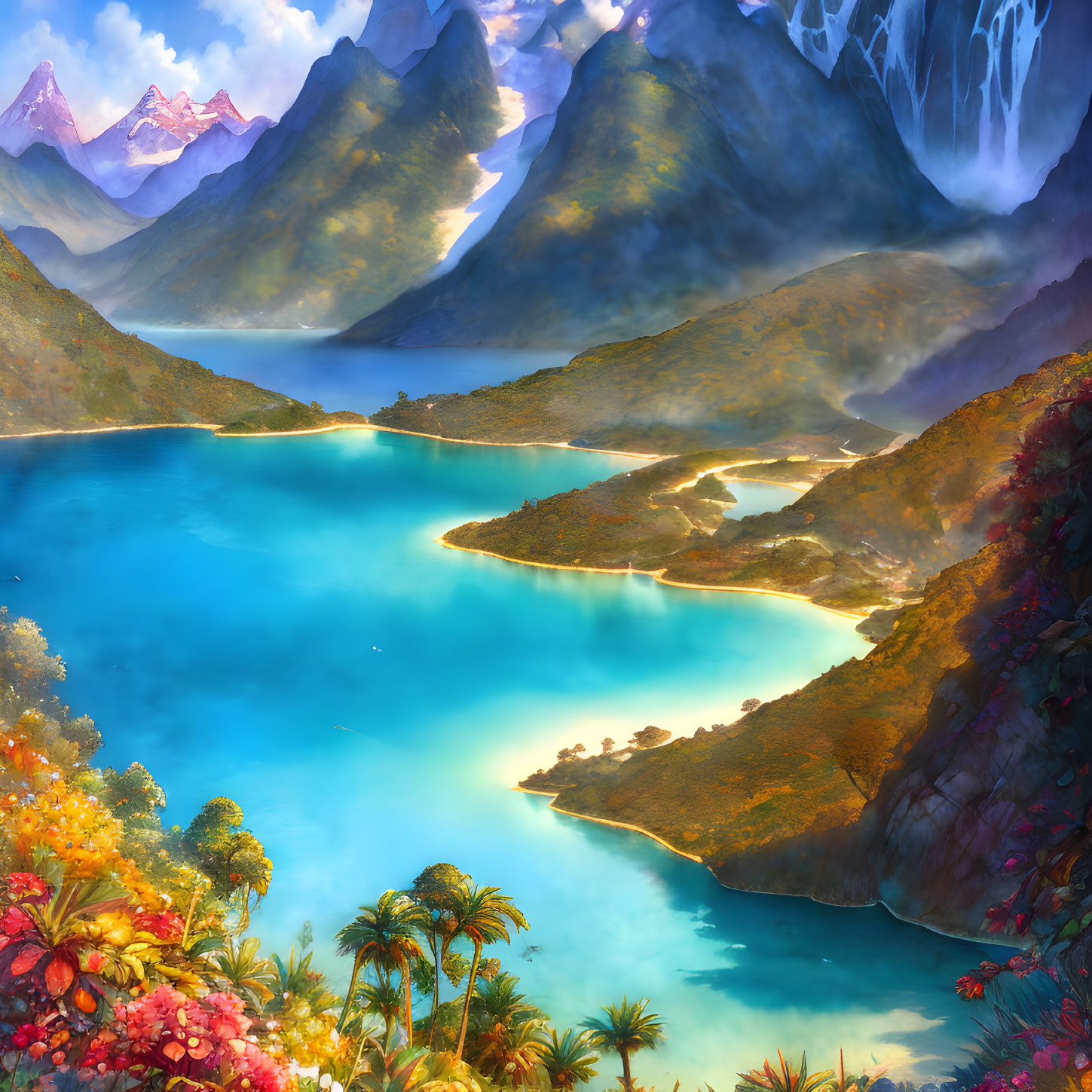 Fantasy landscape with turquoise lakes, lush valleys, and snow-capped mountains