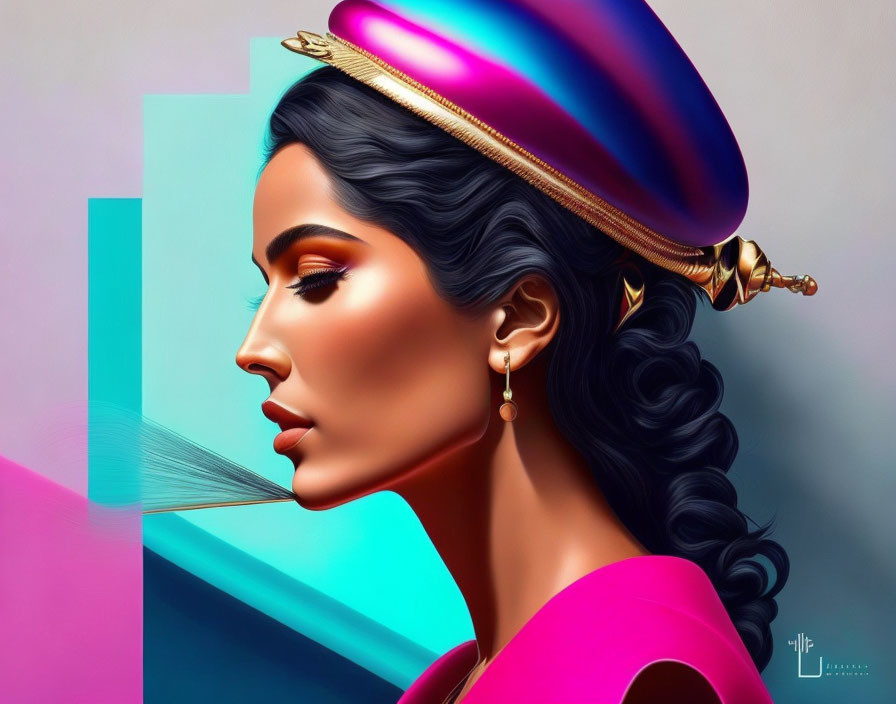 Dark-haired woman in pink turban with golden earring on vibrant geometric backdrop