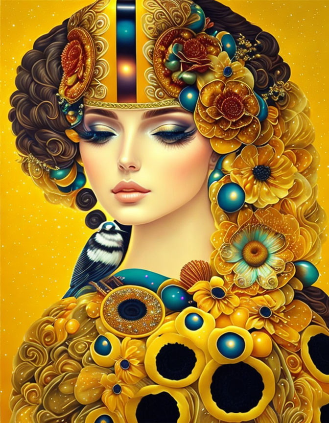 Stylized portrait of a woman with golden flowers, beads, and a bird on a yellow background