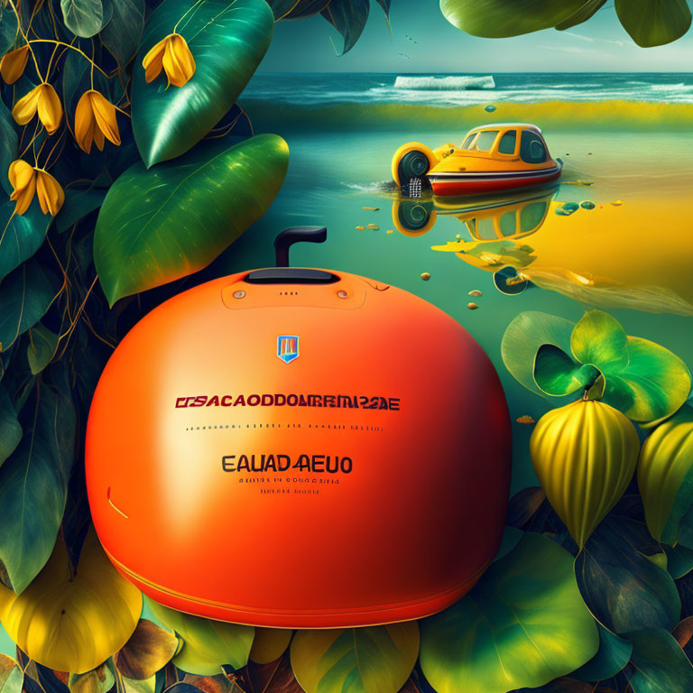 Whimsical underwater scene with orange submarine and aquatic plants