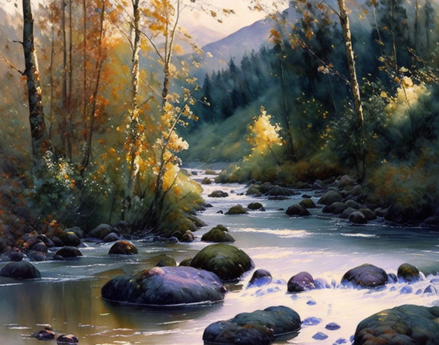 Tranquil forest river with autumn foliage and rocks