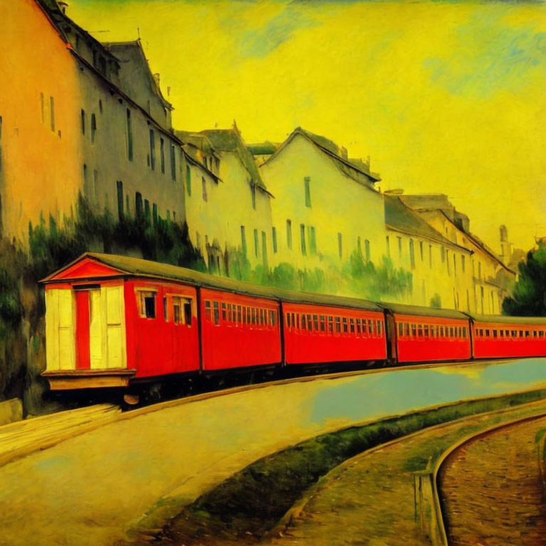 Colorful painting of red tram and yellow buildings on greenish-yellow sky