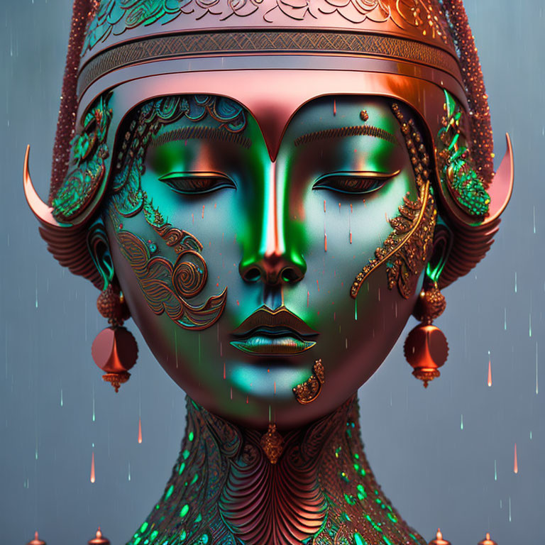 Intricate metallic-faced figure with headdress in soft rain