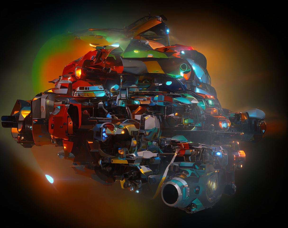 Intricate futuristic machine with neon lights on dark background