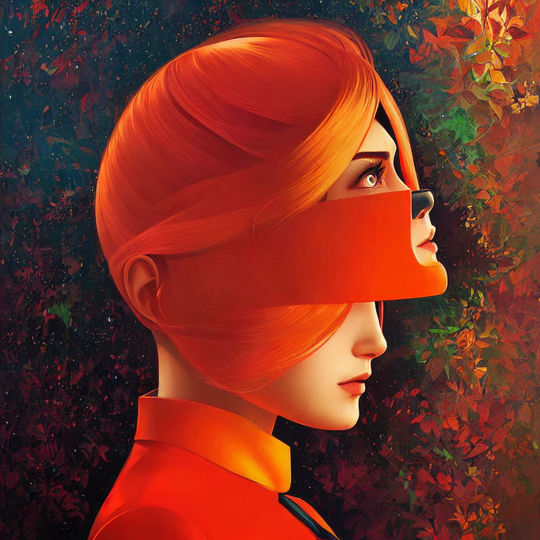 Vibrant red hair woman with blindfold in autumn leaves backdrop