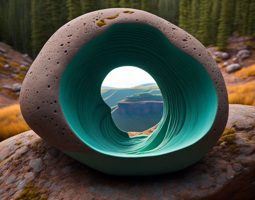 Turquoise Stone with Spiral Hole Revealing Landscape on Rocky Terrain