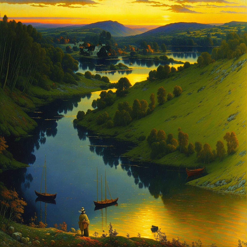 Tranquil sunset landscape with river, boats, hills, village in autumn colors