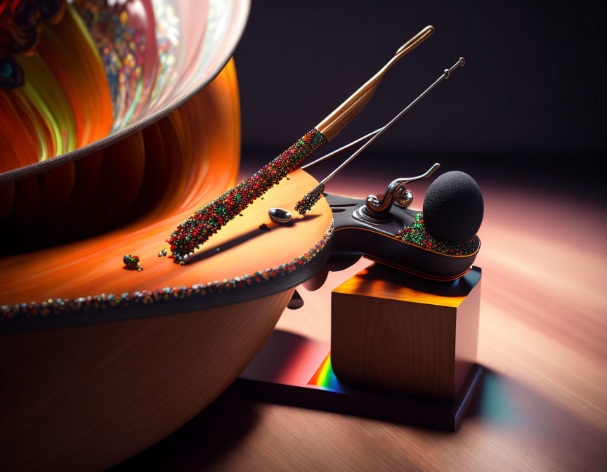 Violin with Multicolored Beads and Bow on Dark Background