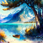 Fantasy landscape with turquoise lakes, lush valleys, and snow-capped mountains