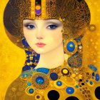 Stylized portrait of a woman with golden flowers, beads, and a bird on a yellow background