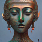 Intricate metallic-faced figure with headdress in soft rain