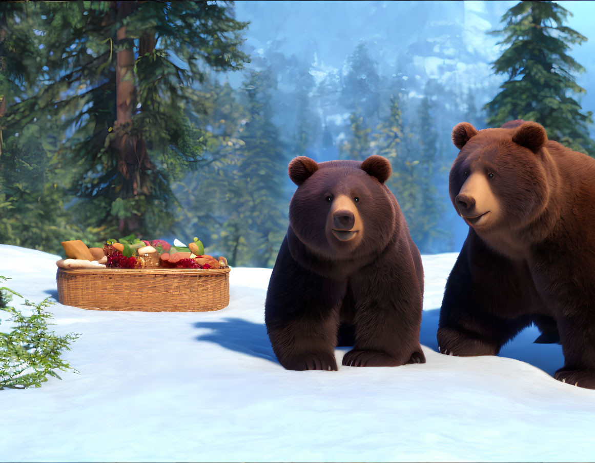 Two smiling animated bears with picnic basket in snowy forest.