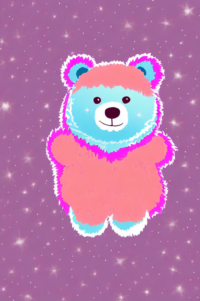 Fluffy Teddy Bear Illustration with Blue and Pink Fur on Sparkling Purple Background