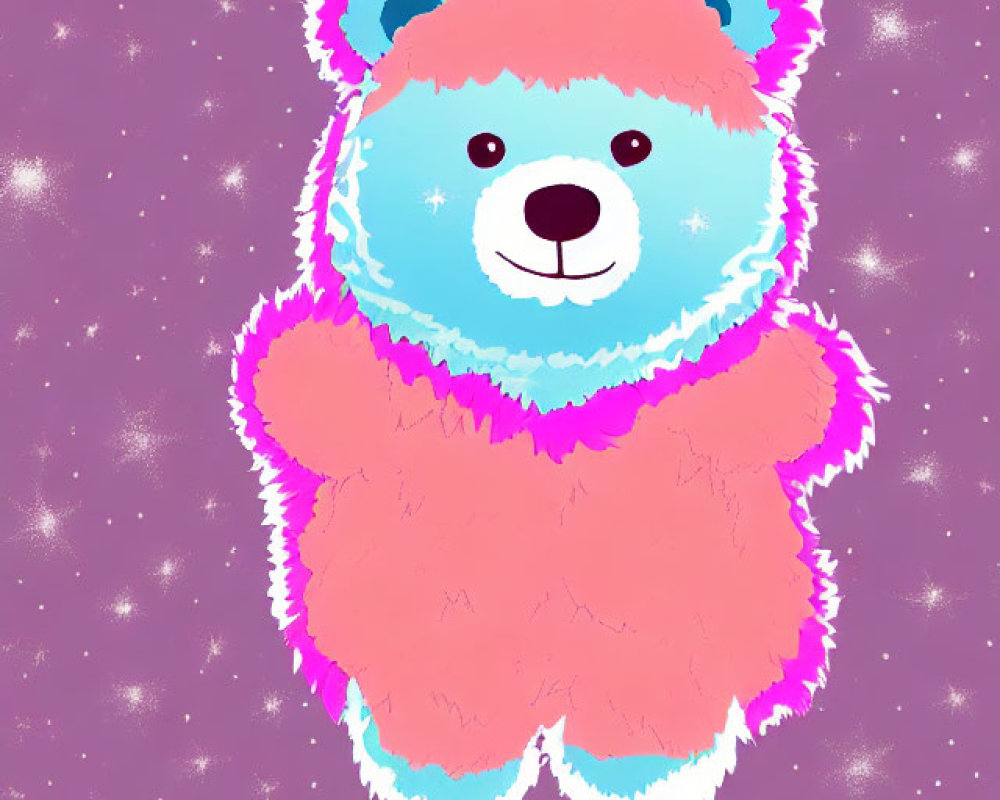 Fluffy Teddy Bear Illustration with Blue and Pink Fur on Sparkling Purple Background