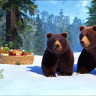 Two smiling animated bears with picnic basket in snowy forest.