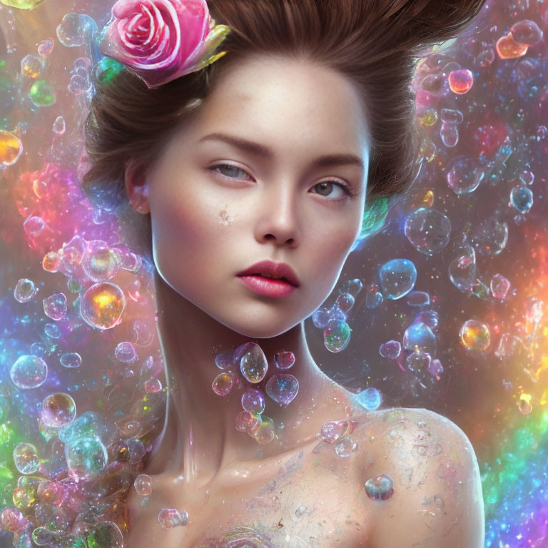 Woman with Pink Rose in Hair Surrounded by Colorful Bubbles and Mystical Background