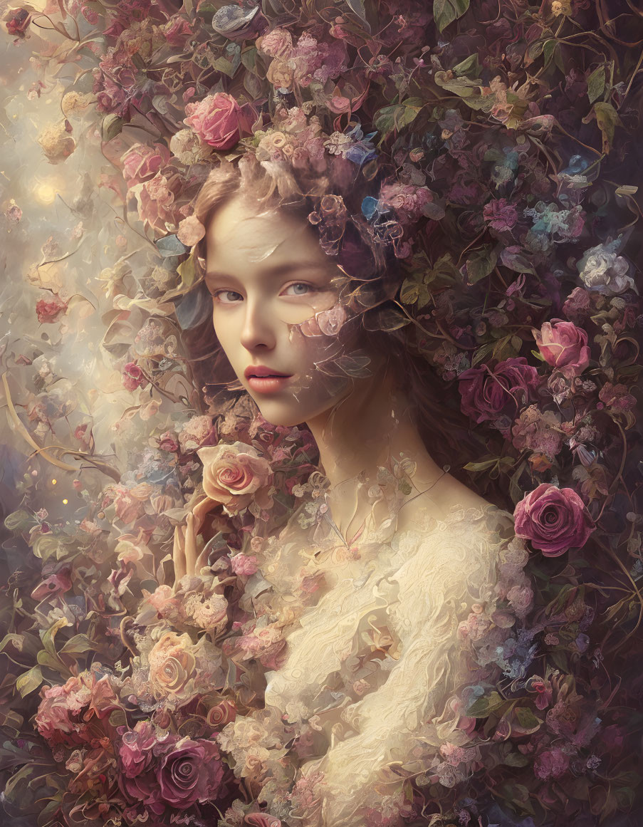 Woman's portrait with roses and foliage: Vintage elegance and ethereal aura