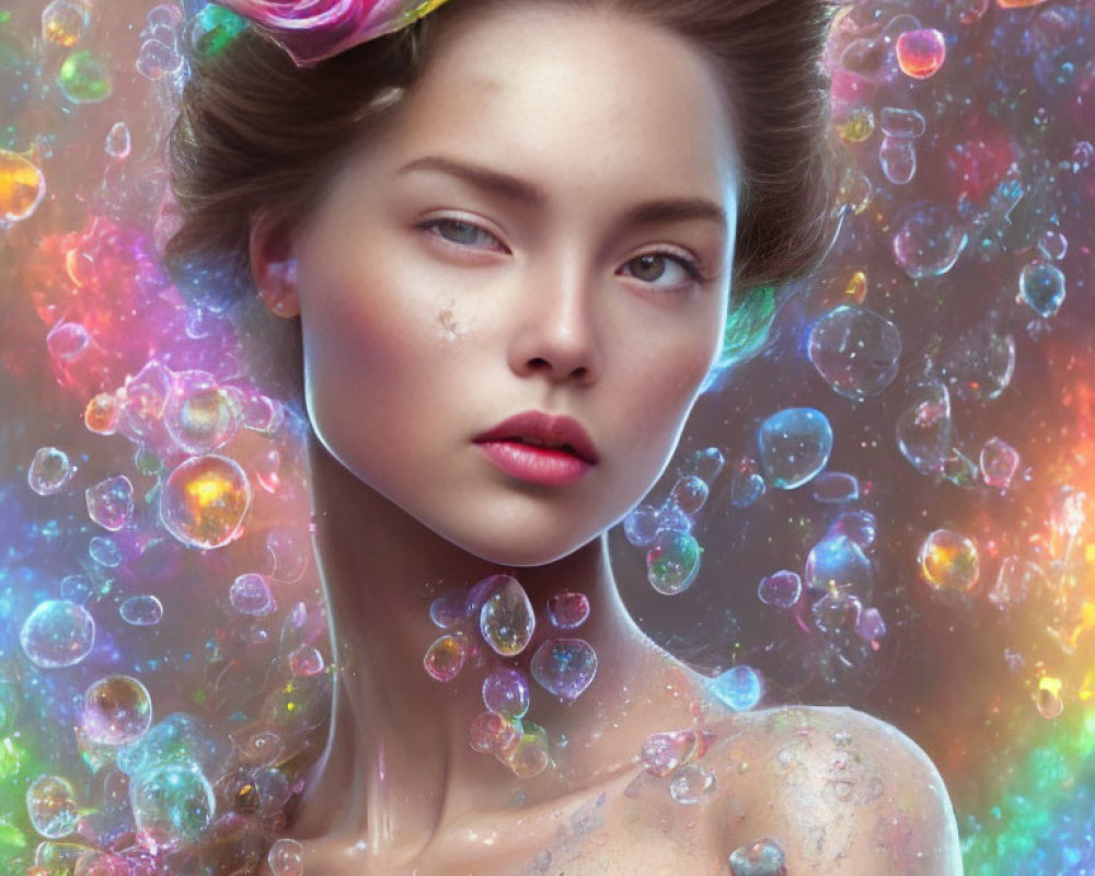 Woman with Pink Rose in Hair Surrounded by Colorful Bubbles and Mystical Background