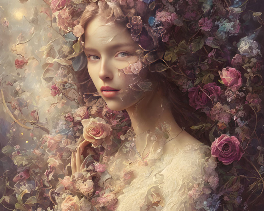 Woman's portrait with roses and foliage: Vintage elegance and ethereal aura