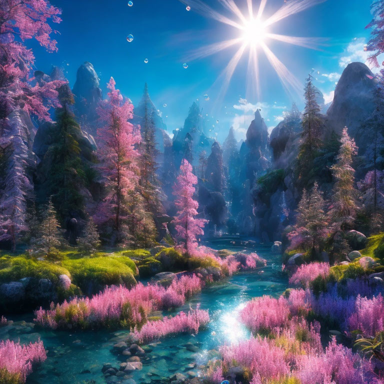 Fantastical Landscape with Pink Flora and Rocky Peaks