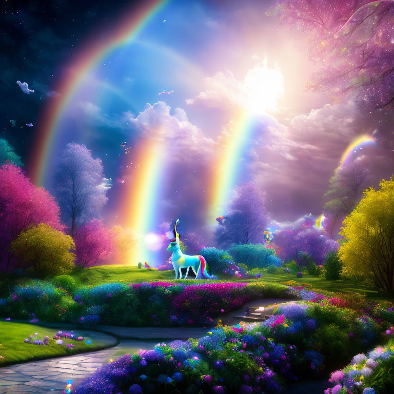 Fantasy garden with unicorn, rainbows, butterflies, and starry sky